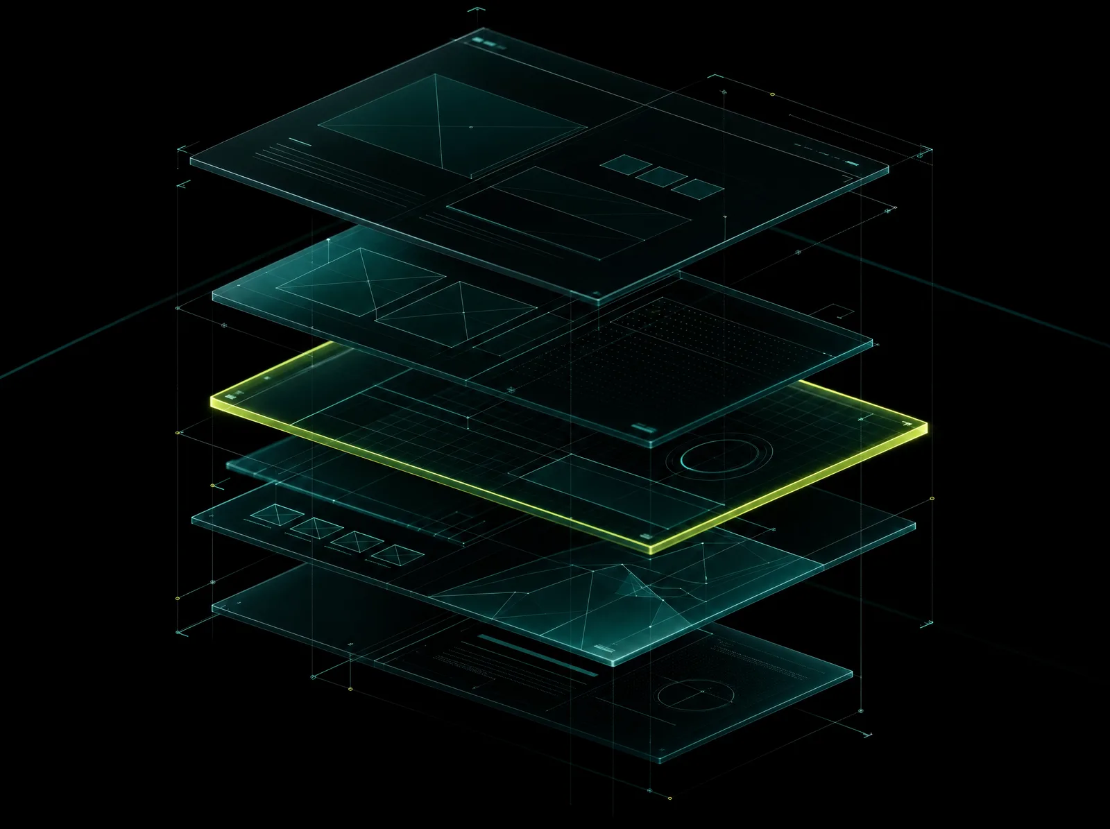 Explosionszeichnung einer Website: übereinanderliegende, transparente Ebenen mit Wireframe-Rastern, eine Ebene in Lime hervorgehoben
